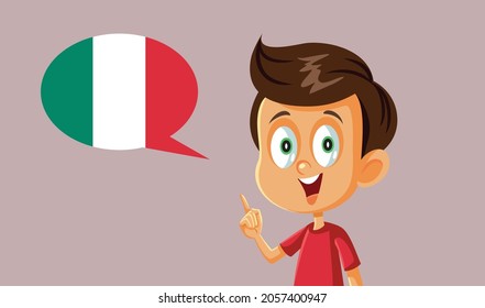 Little Boy Speaking Italian Vector Illustration. Little primary male student learning new foreign language at school
