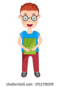 Little boy in spectacles holding a book. Vector illustration.