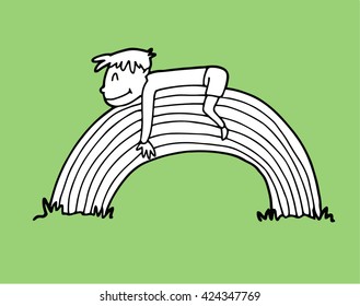 Little boy spends his childhood in happy dreams. In one of his fantasies, he is in some peaceful place with a good atmosphere lying on the big full rainbow, hugging it and smiling contentedly