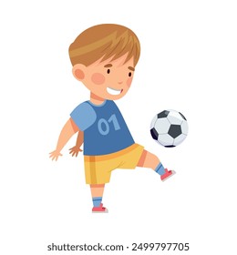 Little Boy in Sports Shirt and Shorts Playing Football Kicking Ball with His Foot Vector Illustration