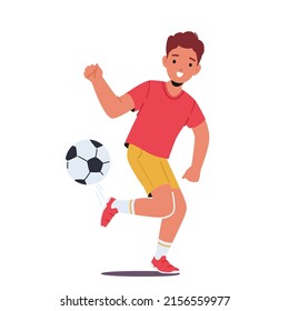 Little Boy Sportsman Kicking Ball Practicing Football Skills, Child Character Playing Soccer Isolated on White Background. Kid Prepare for Tournament Game. Cartoon People Vector Illustration