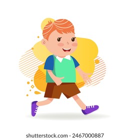 Little boy in sportswear running. Carefree kid with red hair in T-shirt, shorts and trainers. Childhood and sport concept. Vector illustration can be used for topics like leisure activity, hobby.