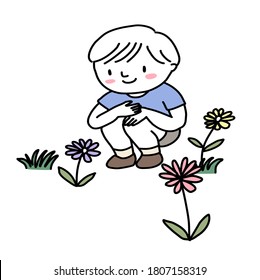 Little boy squatting in meadow and watching flowers blooming. Happy little boy in a garden. Little boy observing plants and flowers in a garden. Hand-drawn Vector.