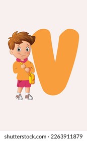 Little Boy Stand with Alphabet V vector design illustration