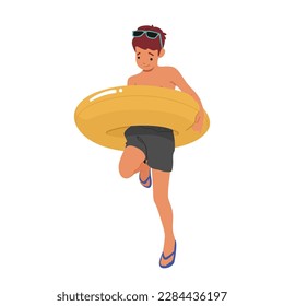 Little Boy Stand with Inflatable Ring, Happy child Grinning Widely, his Arms Are Wrapped Tightly Around The Yellow Float, Ready For A Day Of Fun In The Sun. Cartoon Vector Illustration
