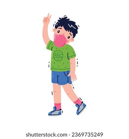 Little Boy Standing Blowing Bubble Gum Vector Illustration