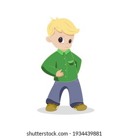 The little boy is standing. Child character in cartoon style. Vector illustration isolated on white background