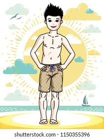 Little boy standing in colorful stylish beach shorts. Vector kid illustration. Childhood lifestyle clip art.