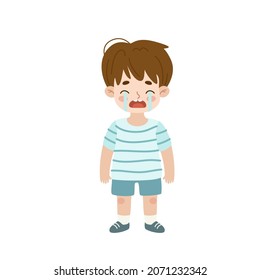 Little boy standing and crying. Sad expression of toddler. Weeping cute child. Upset kid.
