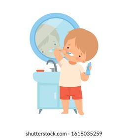 Little Boy Standing in Front of the Mirror Brushing His Teeth Vector Illustration