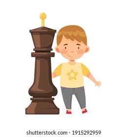Little Boy Standing with Giant Black King Chess Piece or Chessman Vector Illustration