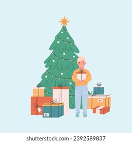 Little boy standing with gift boxes near Christmas tree and celebrating Christmas or New Year. Vector illustration in flat style 