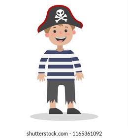 Little boy standing in halloween pirate costume. Cute child in hat. Funny party outfit. Isolated vector flat illustration