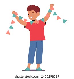 Niño Pequeño De Pie Feliz, Sosteniendo Una Guirnalda De Bandera En La Mano. Personaje Infantil Con Camiseta Roja Y Jeans Azules Con Decoración De Fiesta, Prepárese Para La Celebración. Ilustración vectorial de Personas de dibujos animados