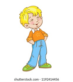 Little boy is standing with his hands in his pockets. Isolated on a white background. in cartoon style.