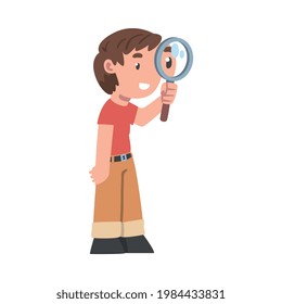 Little Boy Standing with Magnifying Glass and Looking at Something with Interest Vector Illustration