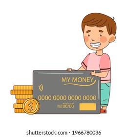 Little Boy Standing Near Debit Card and Dollar Coins Vector Illustration