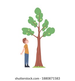 Little Boy Standing Near Fruit Tree and Watching Vector Illustration
