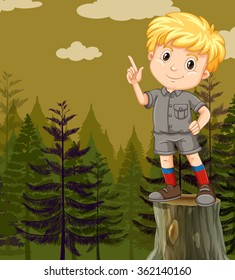 Little boy standing on log illustration