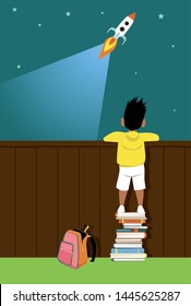 Little boy standing on a pile of books helping him to see a launching rocket ship, EPS 8 vector illustration