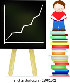 Little boy standing on a stack of books alongside a blackboard with his reading success on it