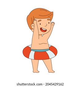 Little Boy Standing with Rubber Ring for Swimming in Water Vector Illustration
