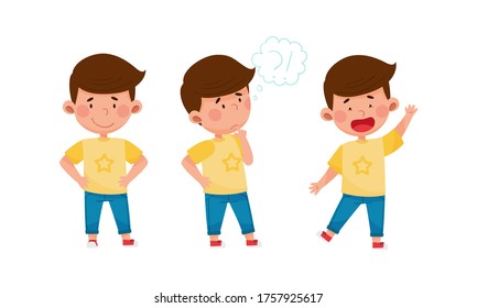 Little Boy Standing with Smile and Thoughtful Expression on His Face Vector Set