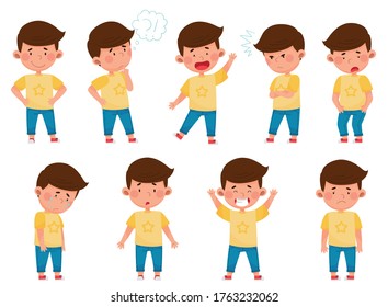 Little Boy Standing with Smile and Thoughtful Expression on His Face Vector Set