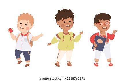 Little Boy Standing and Talking to Somebody Engaged in Friendly Communication Vector Set