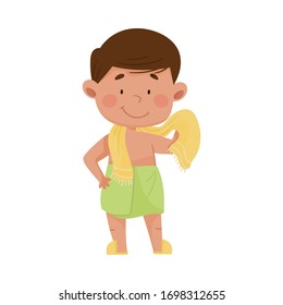 Little Boy Standing with Towel Drying Himself after Having a Shower Vector Illustration