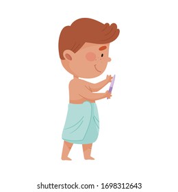 Little Boy Standing with Towel Wrapped Around His Body and Doing His Nails Vector Illustration