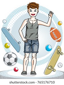 Little boy standing wearing casual clothes. Vector kid illustration.	Fashion and lifestyle theme cartoon.