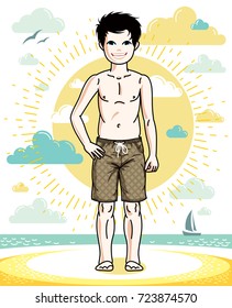 Little boy standing wearing fashionable beach shorts. Vector pretty nice human illustration. Fashion and lifestyle theme cartoon.