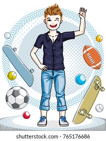 Little boy standing wearing fashionable casual clothes. Vector pretty nice human illustration. Childhood lifestyle clip art.

