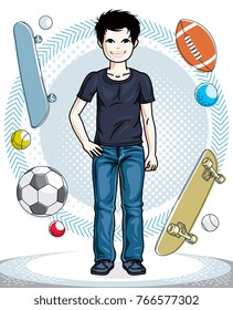 Little boy standing wearing fashionable casual clothes. Vector pretty nice human illustration. Fashion and lifestyle theme cartoon.