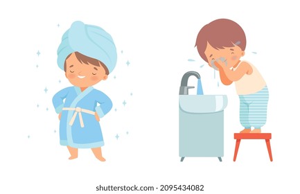 Little Boy Standing Wrapped in Towel and Bathrobe and Washing Face Vector Set