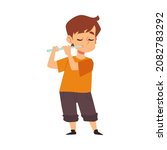 Little boy stands playing flute, flat cartoon vector illustration isolated on white background. Music education and playing musical instruments for children concept.