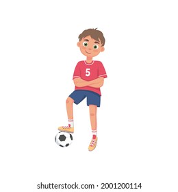 little boy stands with a soccer ball. Child soccer player in cartoon style plays soccer. Use as a character for sports sections or soccer competitions. Vector illustration, isolated character