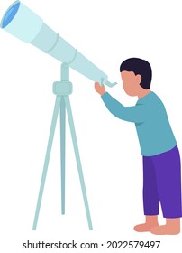 Niñito observando con telescopio el carácter vector de color semiplano. Persona de cuerpo entero sobre blanco. Jóven skywatcher aislado de estilo de dibujos animados modernos para diseño gráfico y animación