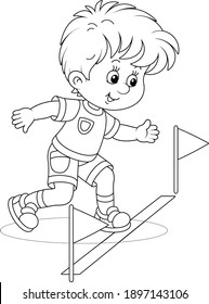 Little boy at the start of a running race at an athletics competition on a sports ground, black and white outline vector cartoon illustration for a coloring book page