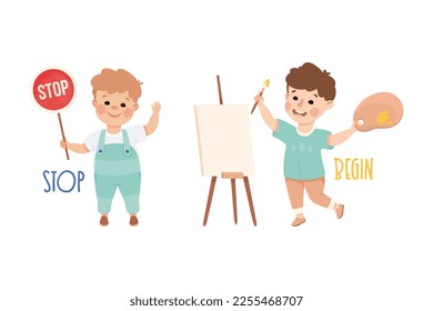 Little Boy with Stop Sign and Begin Drawing on Easel Demonstrating Vocabulary and Verb Studying Vector Set