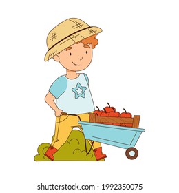 Little Boy in Straw Hat Pushing Wheelbarrow Full of Apples Working on the Farm Vector Illustration