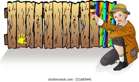 the little boy in the straw hat Tom Sawyer painting the fence rainbow paint - vector illustration