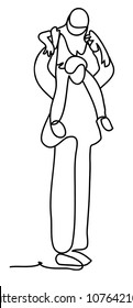 Little boy stretching out hands while his father carrying him on shoulders. Continuous line drawing. Isolated on the white background. Vector monochrome, drawing by lines. sketch