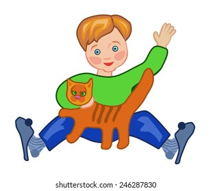 A little boy stroking red cat