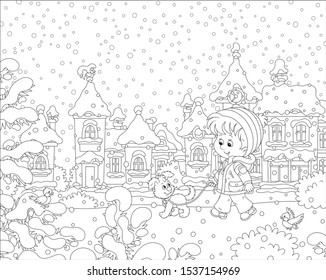 Little boy strolling with his cheerful pup through a snow-covered park of a small town on a snowy winter day, black and white vector illustration in a cartoon style for a coloring book