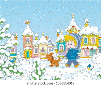 Little boy strolling with his cheerful pup through a snow-covered park of a small colorful town on a snowy winter day, vector illustration in a cartoon style