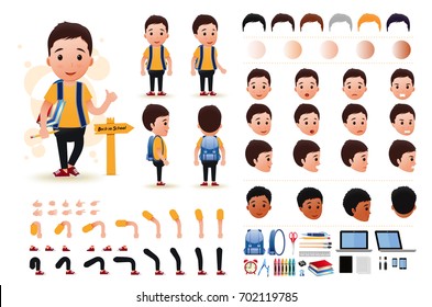 Little Boy Student Character Creation Kit Template and Different Facial Expressions  Hair Colors  Body Parts   Accessories  Vector Illustration 
