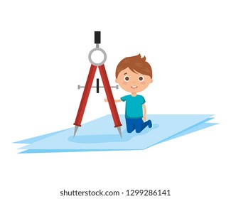 little boy student with compass character