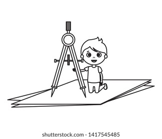 little boy student with compass character